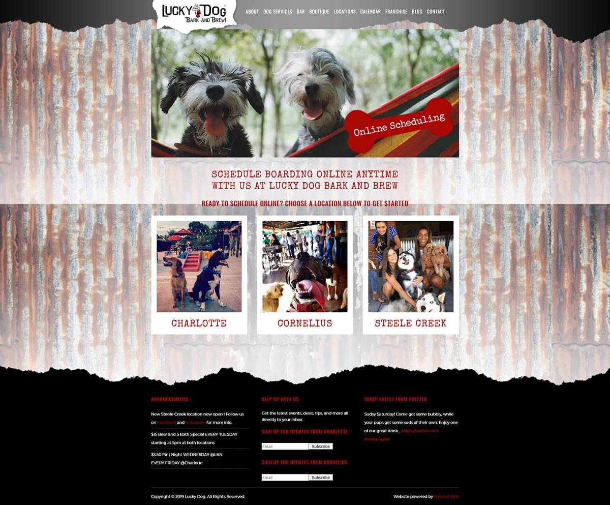 Lucky Dog Bark & Brew website online scheduling page screenshot