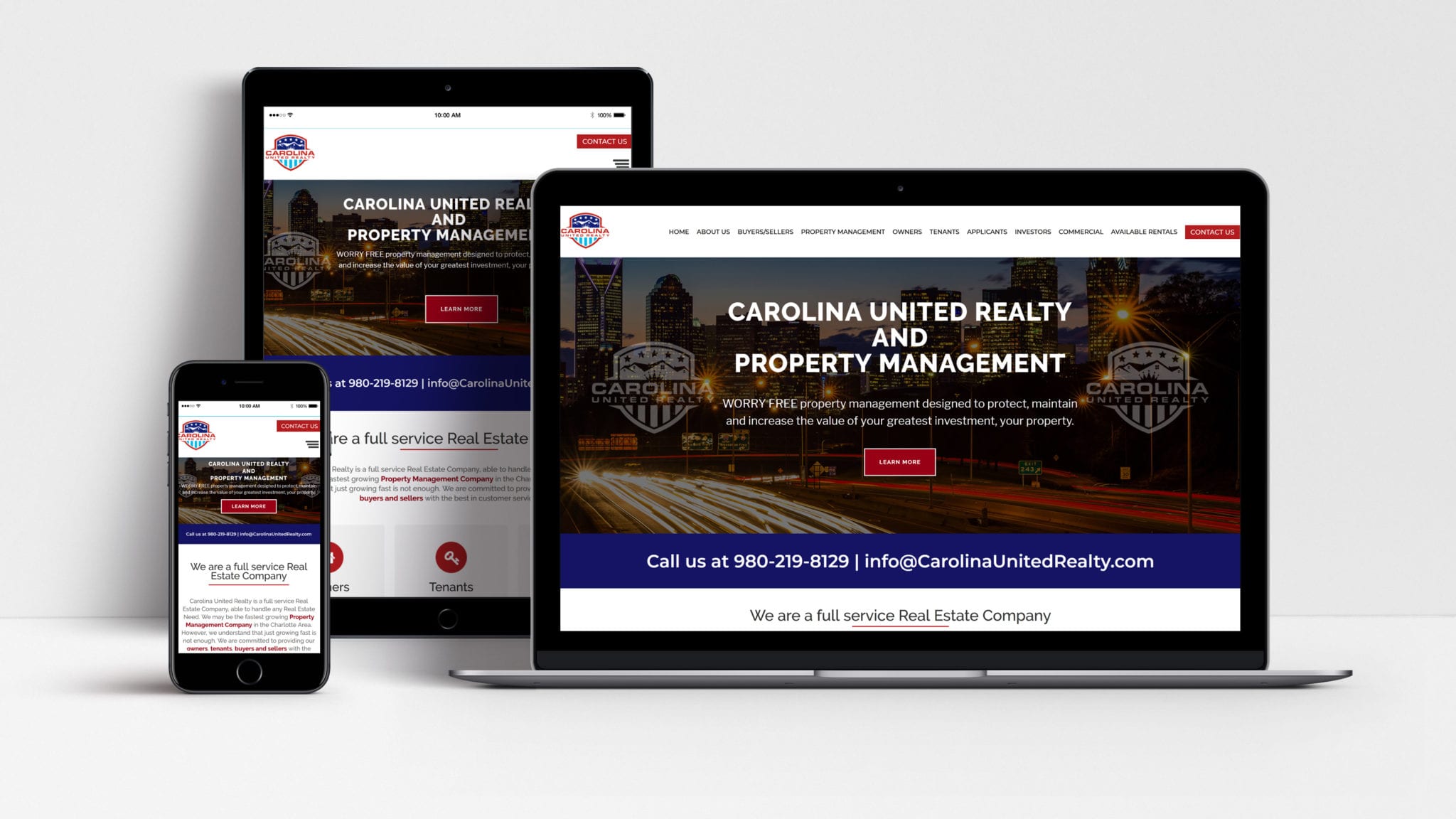 Carolina United Realty website shown on laptop, tablet and mobile phone