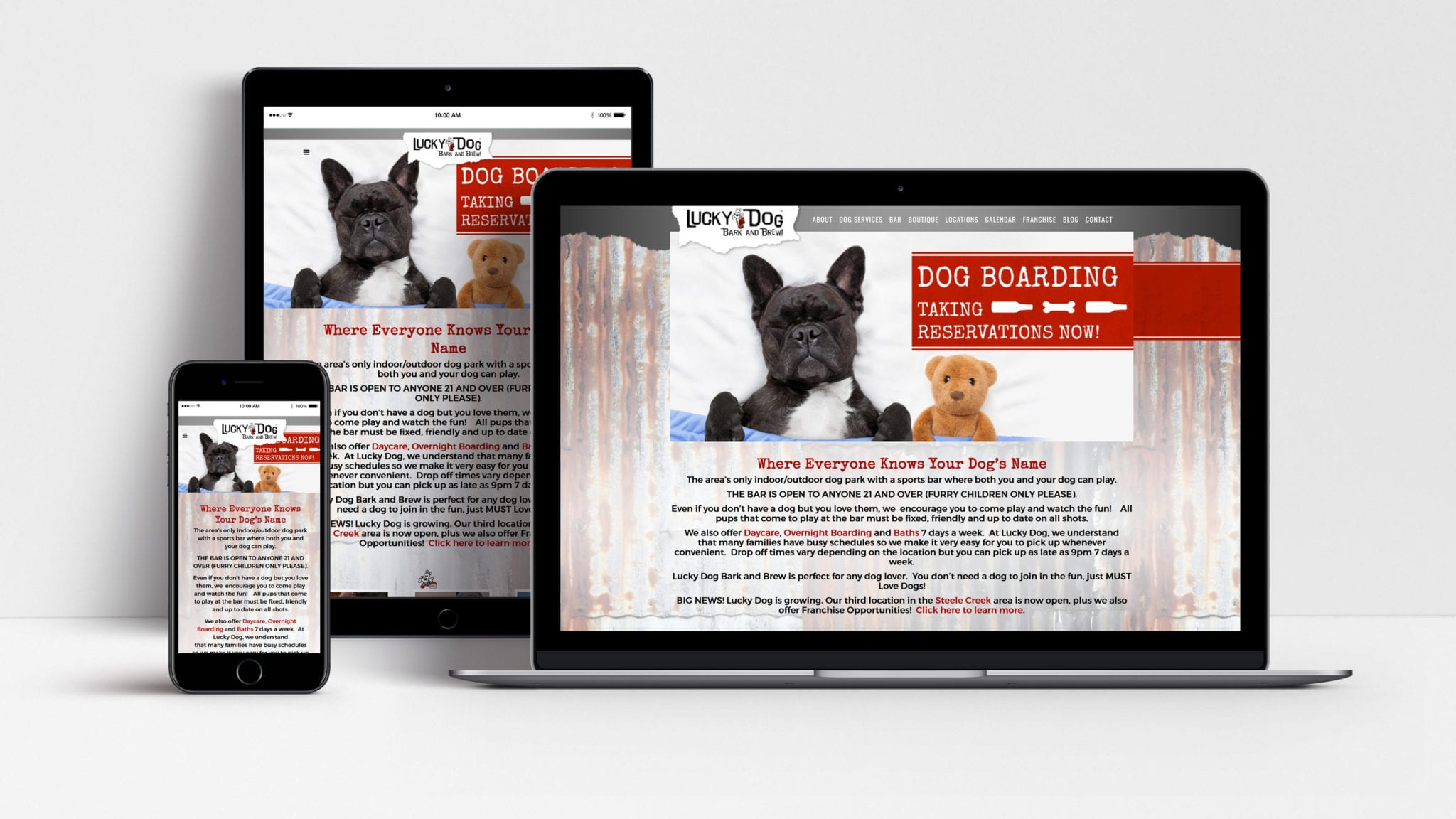 Lucky Dog Bark & Brew website shown on laptop, tablet and mobile phone