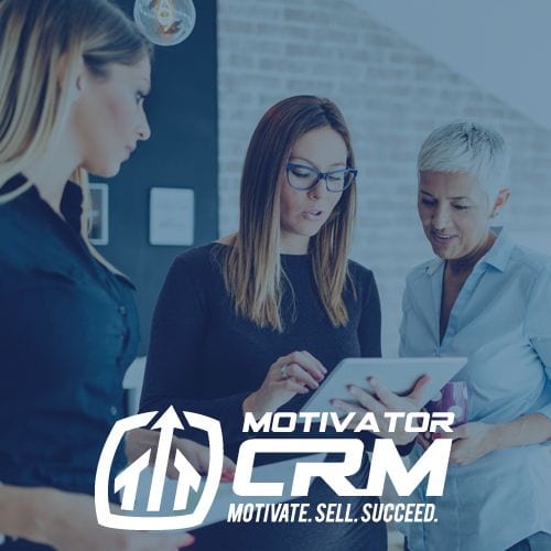 Motivator CRM logo with 3 business people behind logo