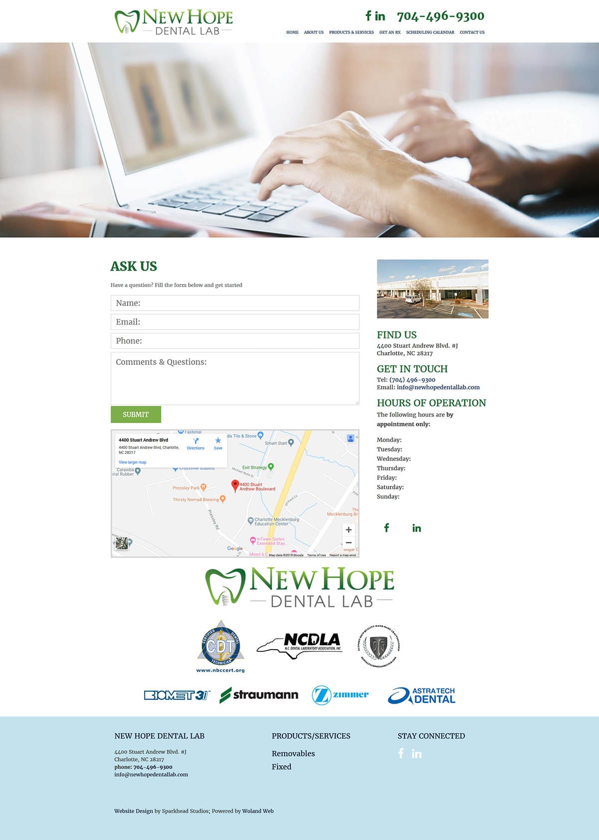 New Hope Dental Lab website contact page screenshot