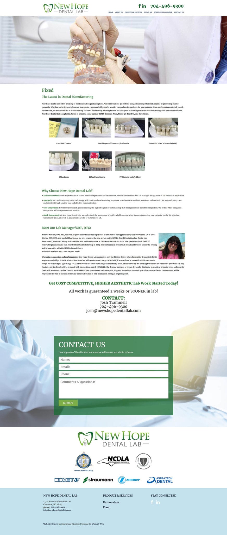 New Hope Dental Lab website repairs page screenshot
