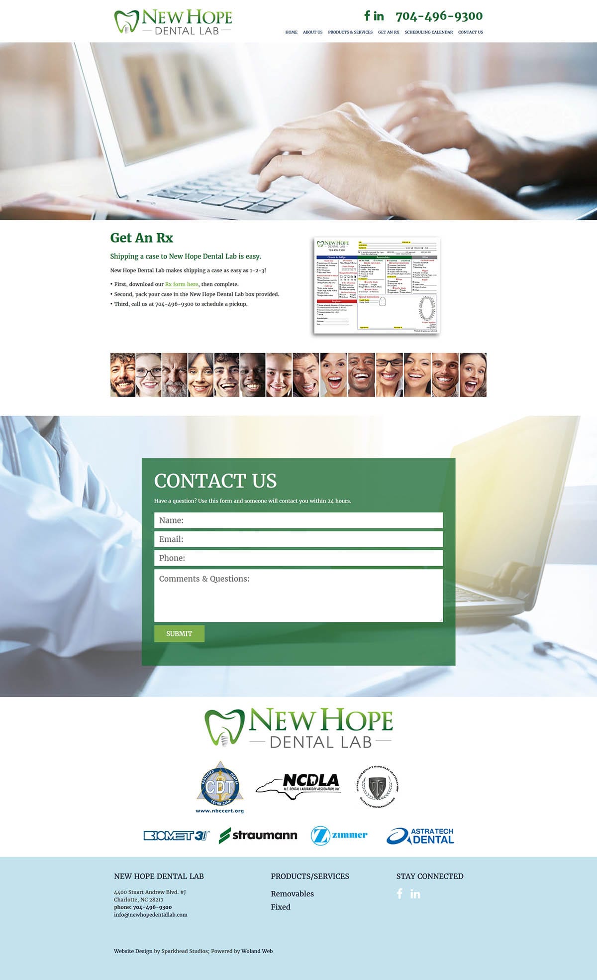 New Hope Dental Lab website contact page screenshot