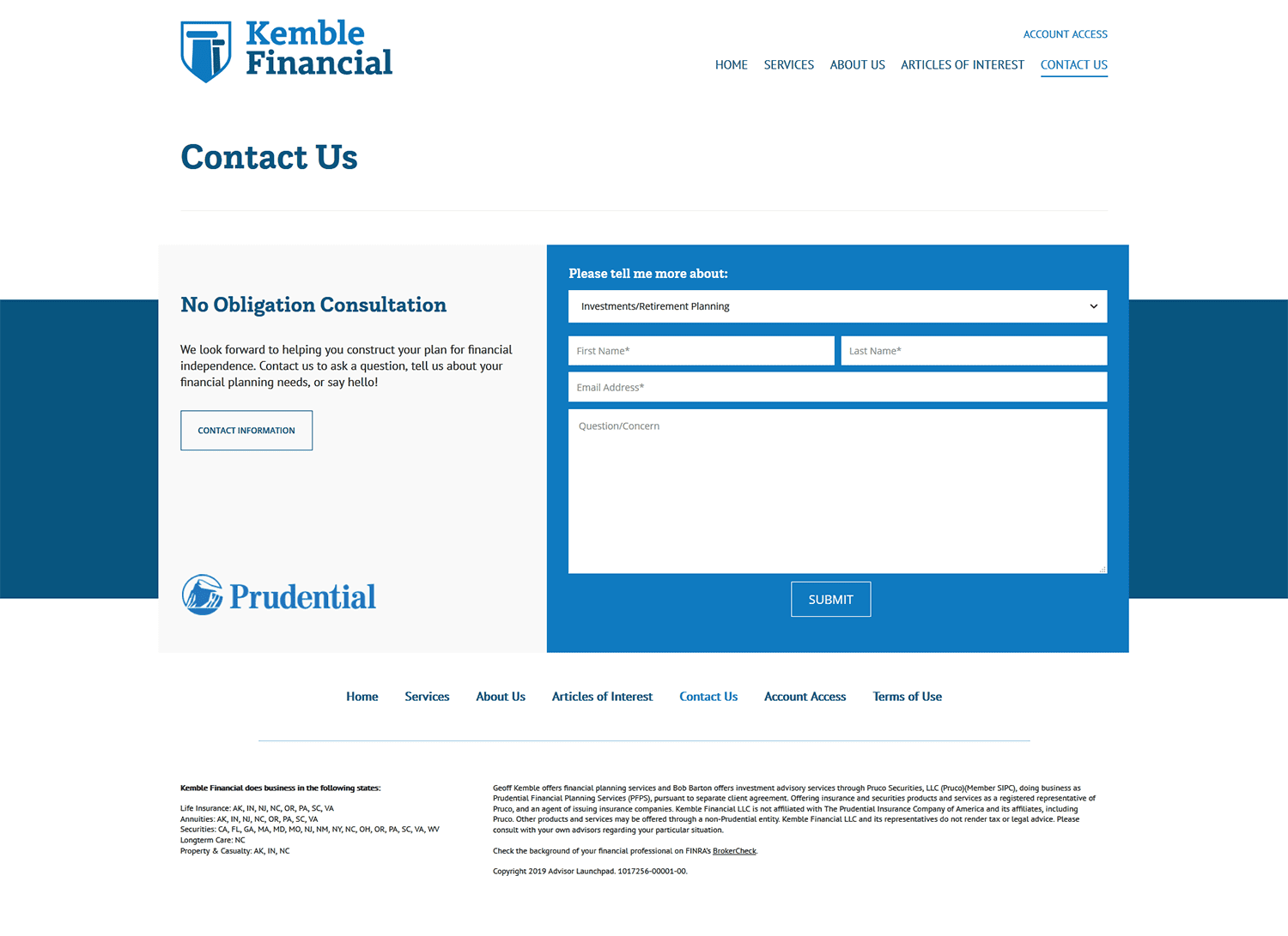Kemble Financial website contact page screenshot