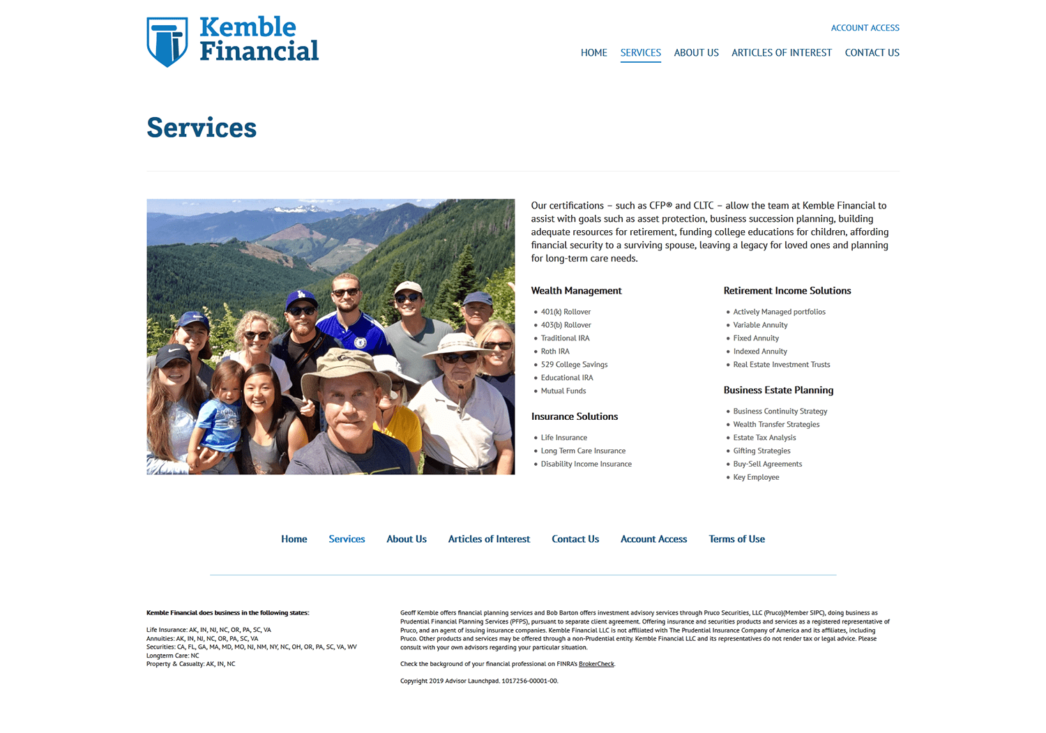 Kemble Financial website services page screenshot