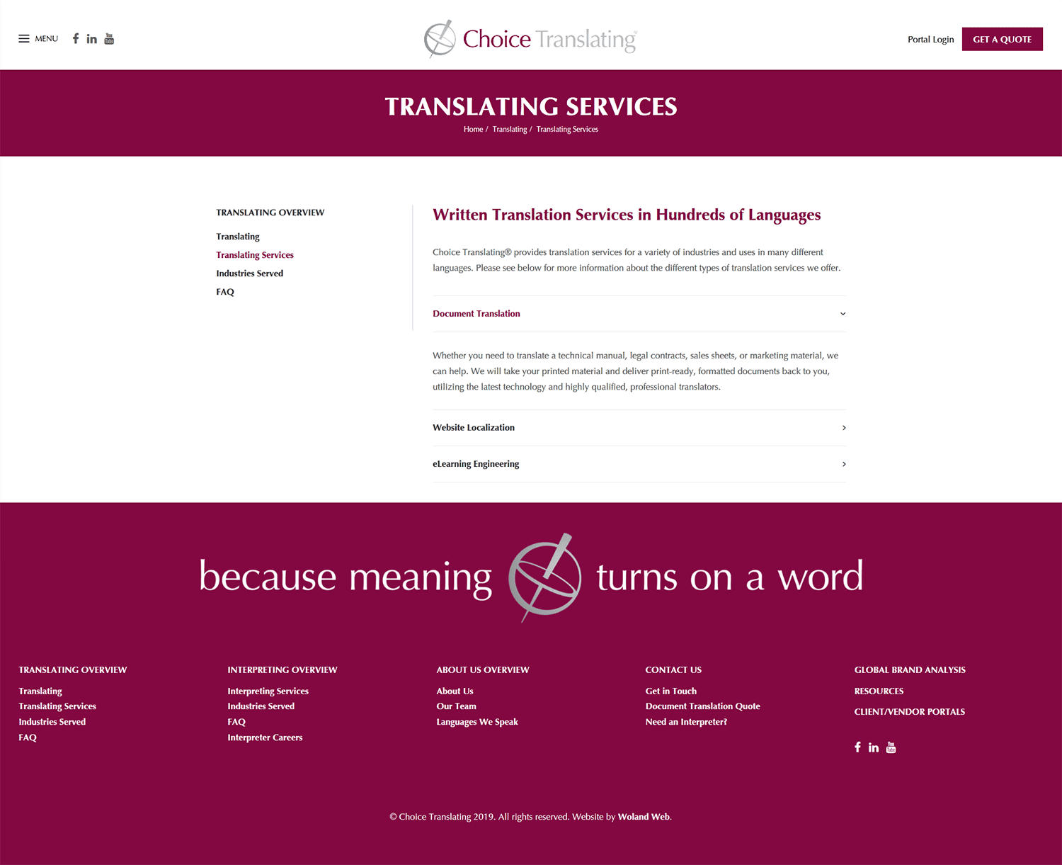 Choice Translating website translating services page screenshot