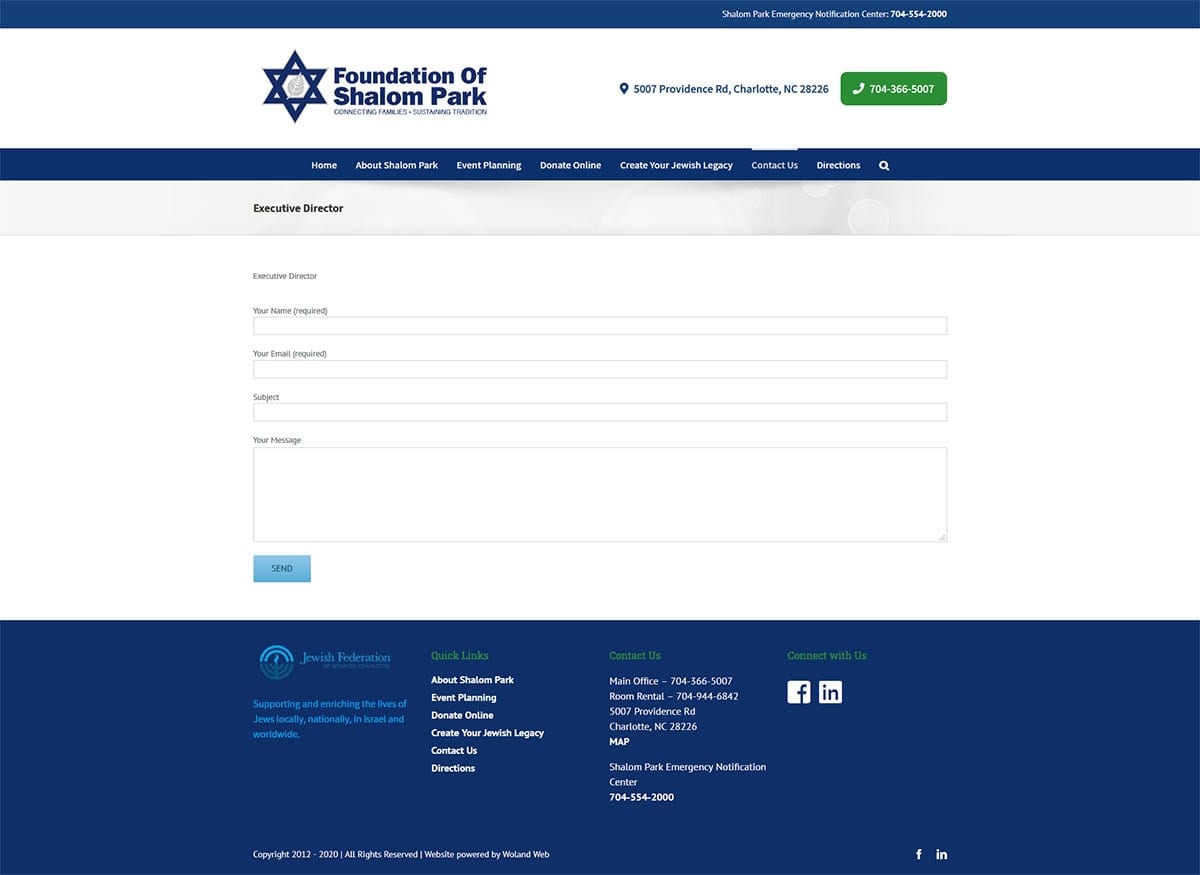 Foundation of Shalom Park website contact page screenshot