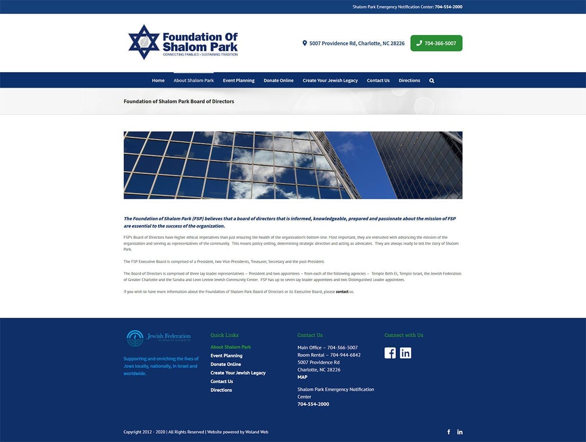 Foundation of Shalom Park website board of directors page screenshot