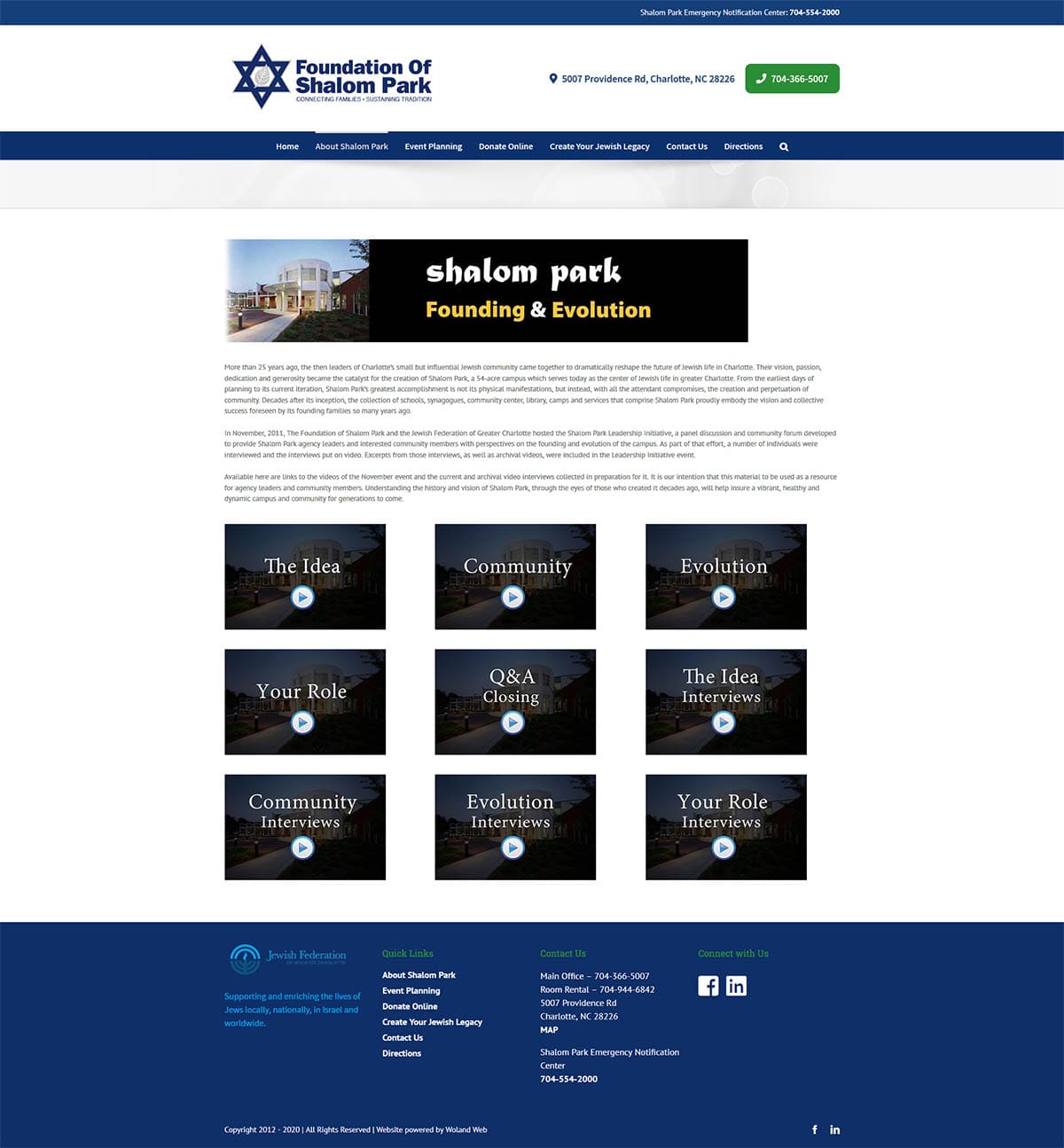 Foundation of Shalom Park website history page screenshot
