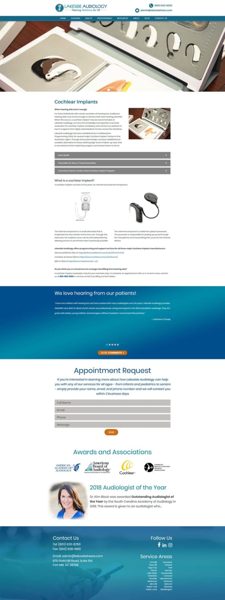Lakeside Audiology website cochlear implants page screenshot