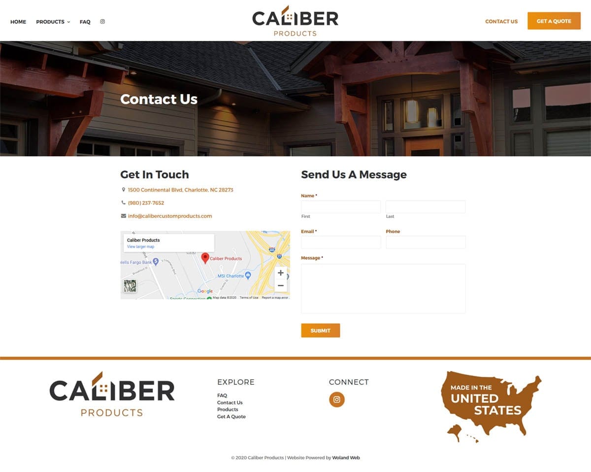 Caliber Products website contact page screenshot