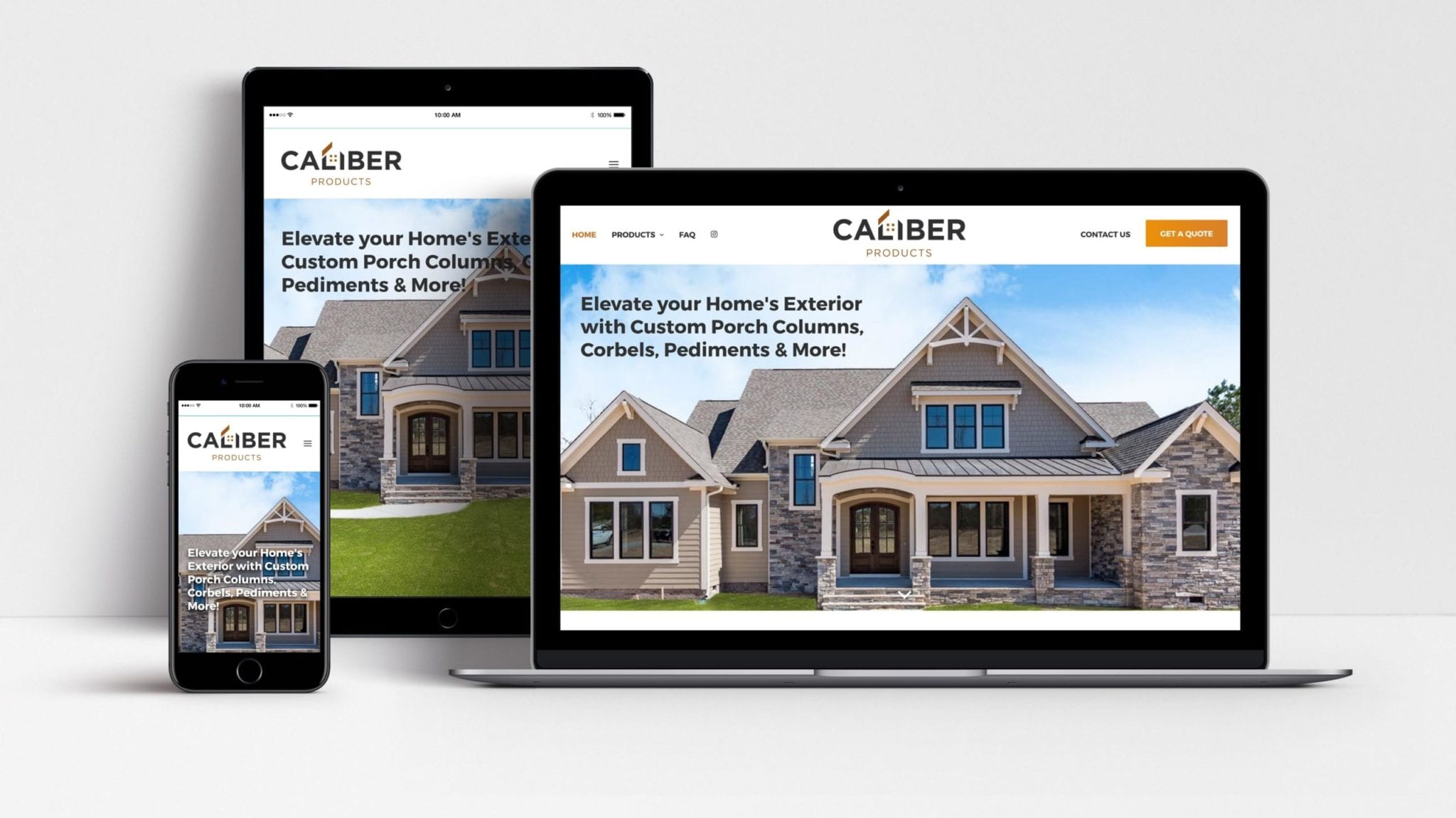 Caliber Products website shown on laptop, tablet and mobile phone