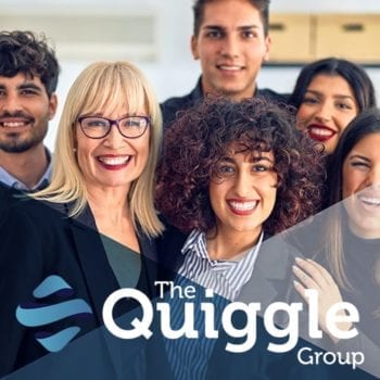 The Quiggle Group logo in front of a smiling group of people