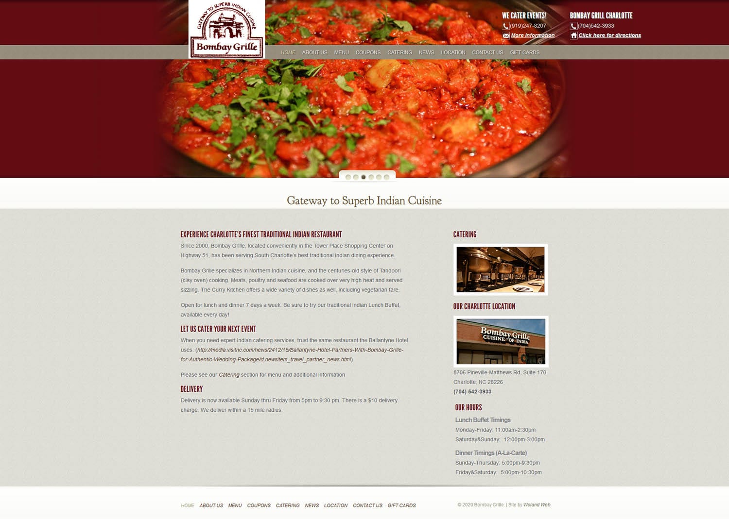 Bombay Grille restaurant website home page screenshot