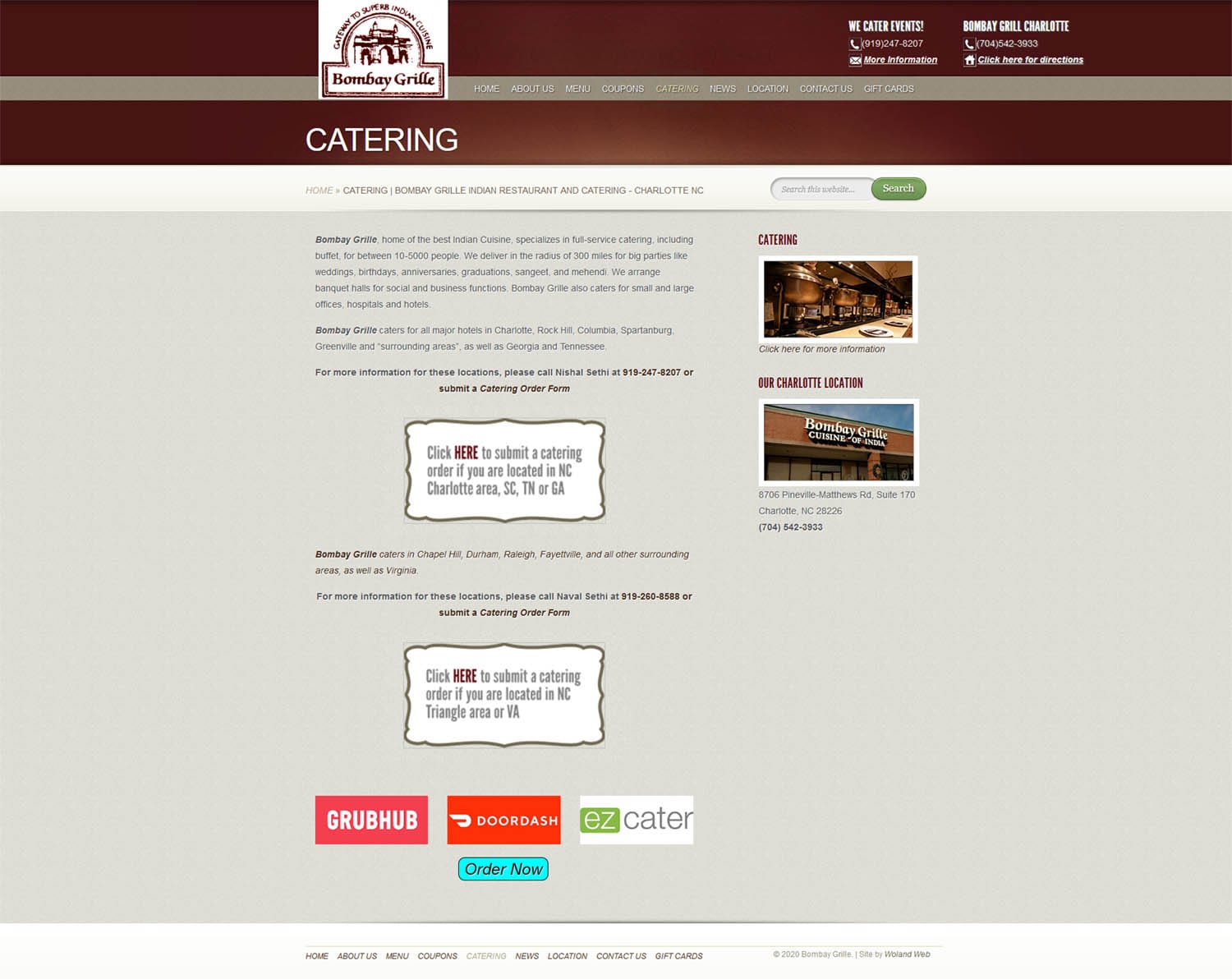 Bombay Grille restaurant website catering screenshot