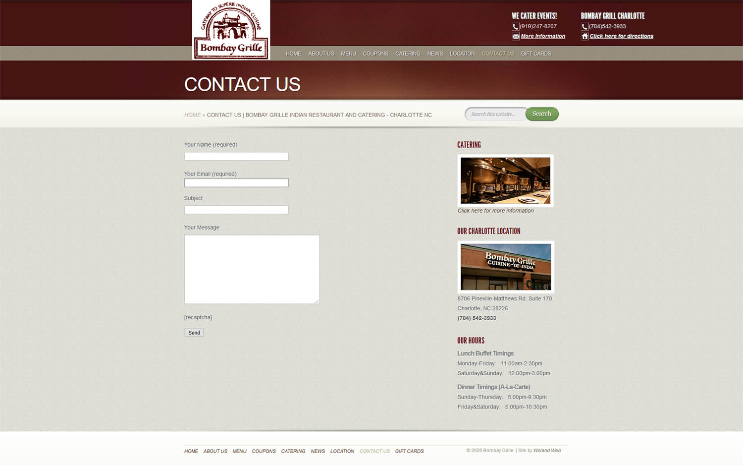 Bombay Grille restaurant website contact screenshot