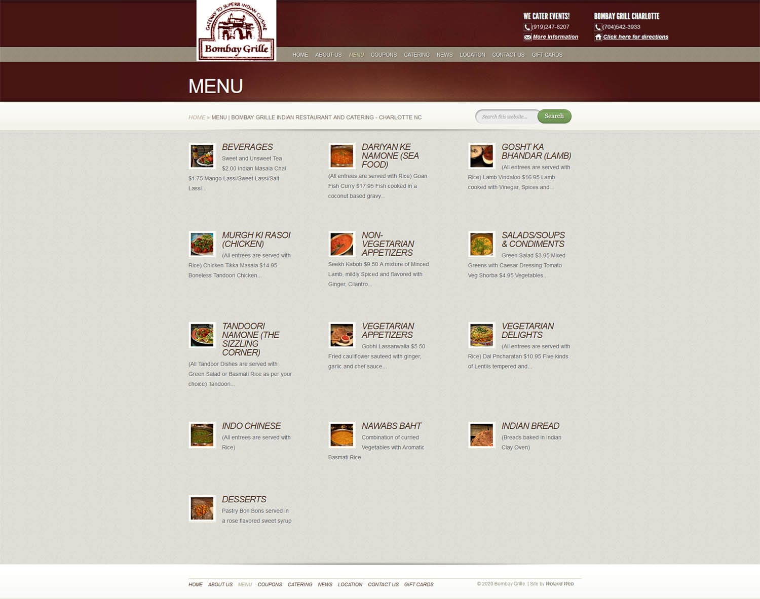 Bombay Grille restaurant website menu screenshot
