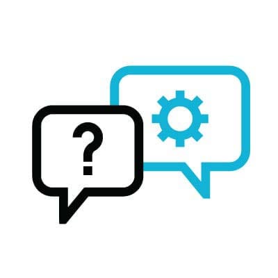 reliability icon showing speech bubbles with question mark and gear