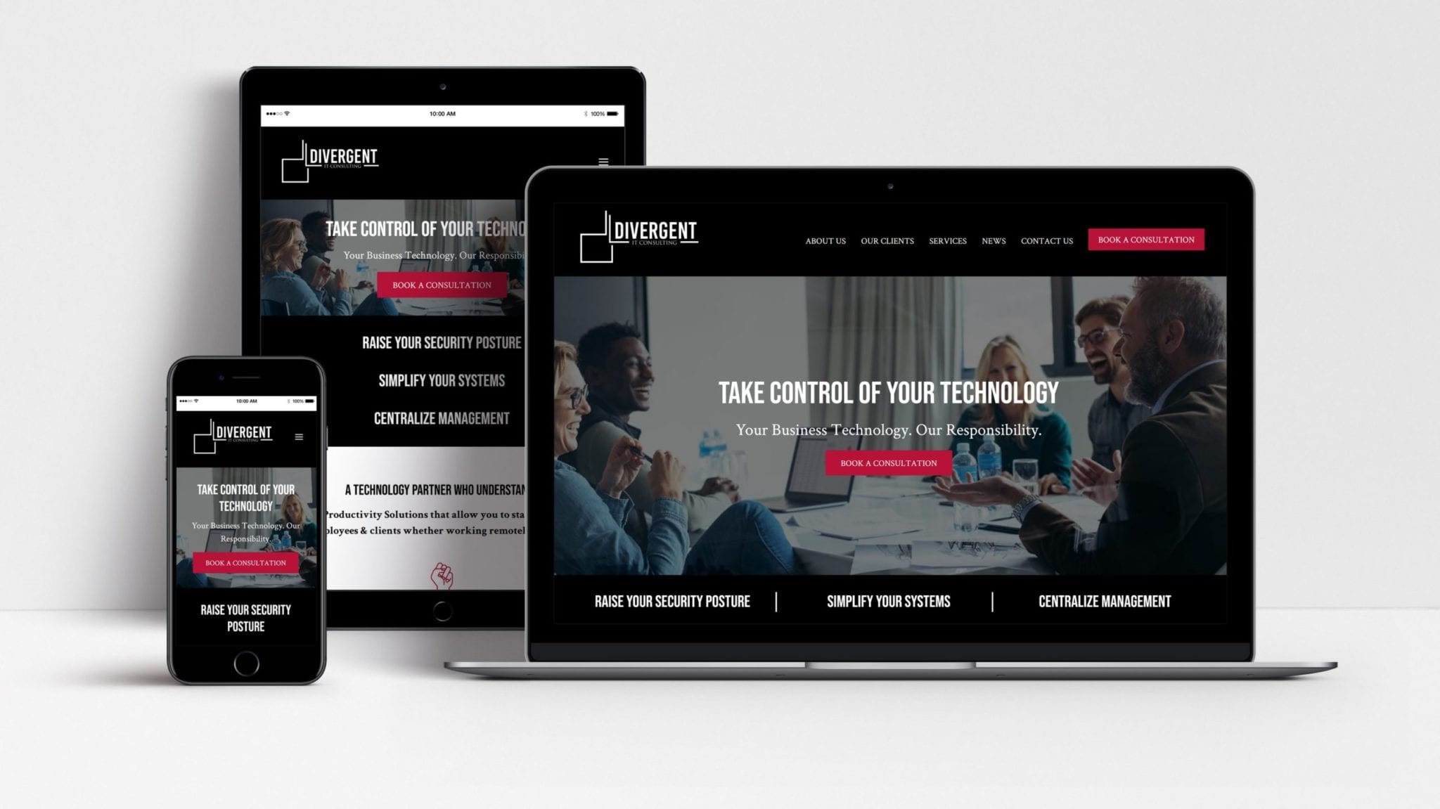 Divergent IT website shown on laptop, tablet and mobile phone