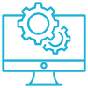 Blue development icon showing gears and computer