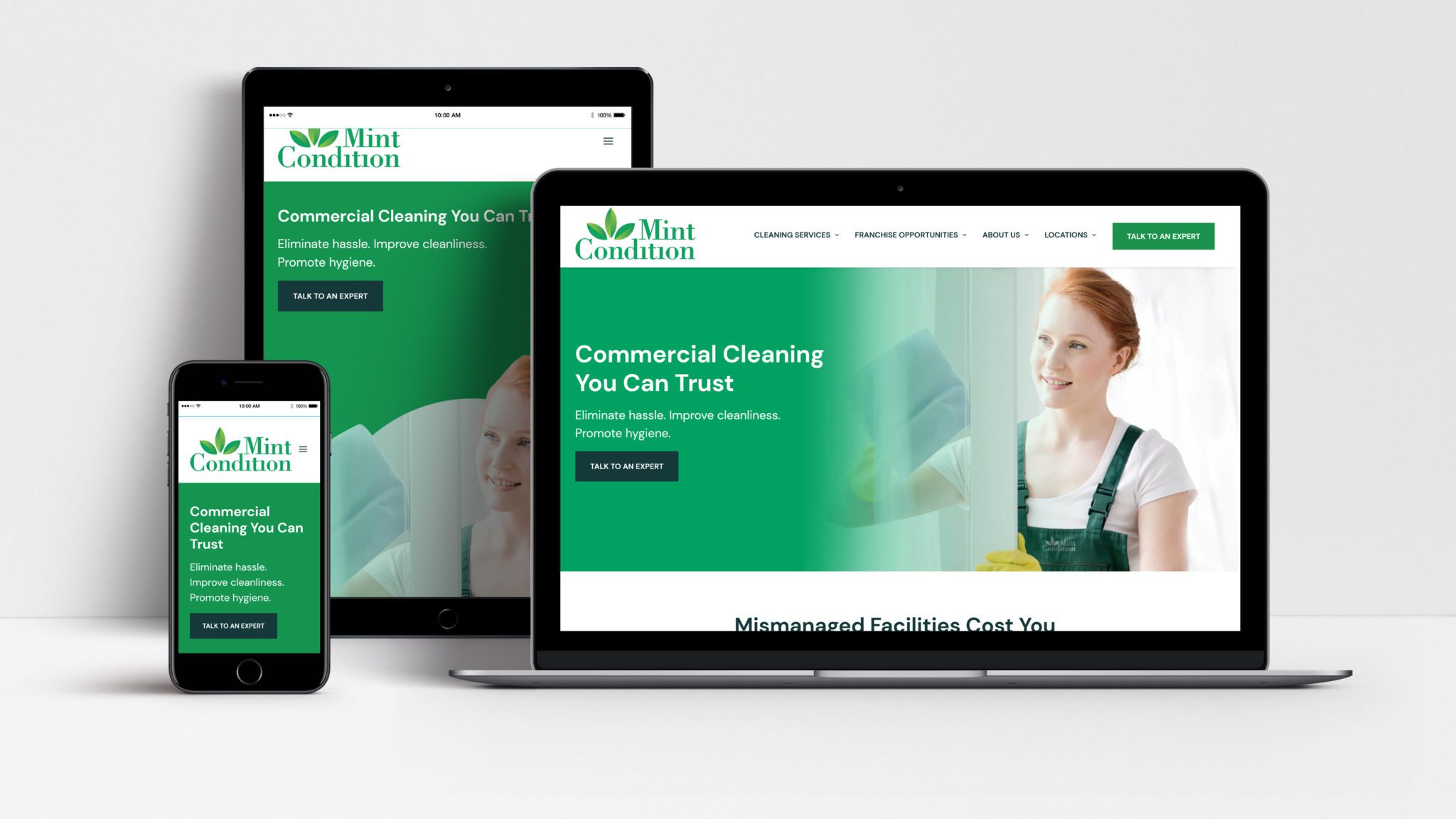 Mint Condition cleaning website shown on laptop, tablet and mobile phone
