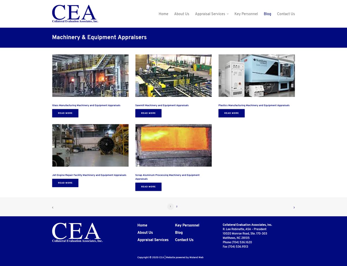Collateral Evaluation Associates website machinery appraisers page screenshot