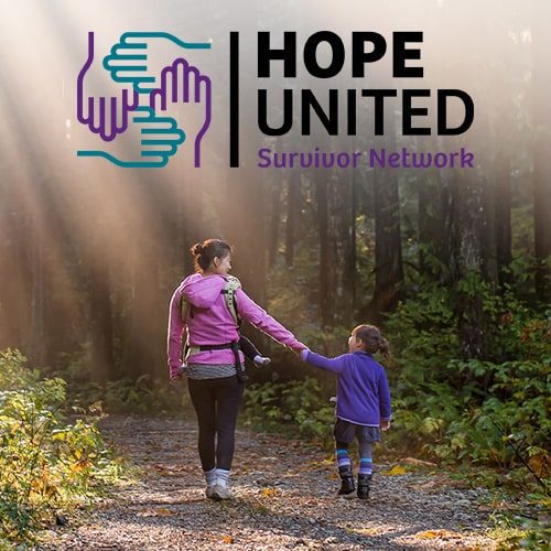 Hope United Survivor's Network logo in front of a mother and child walking on a trail