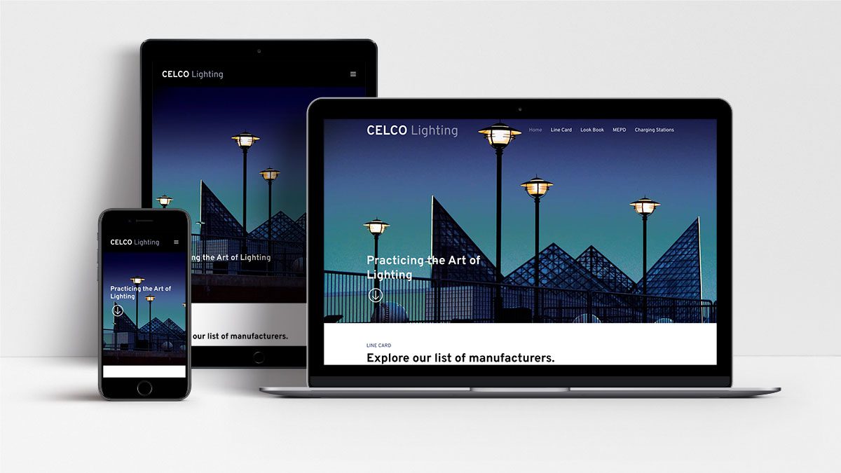 Celco Lighting website shown on laptop, tablet and mobile phone