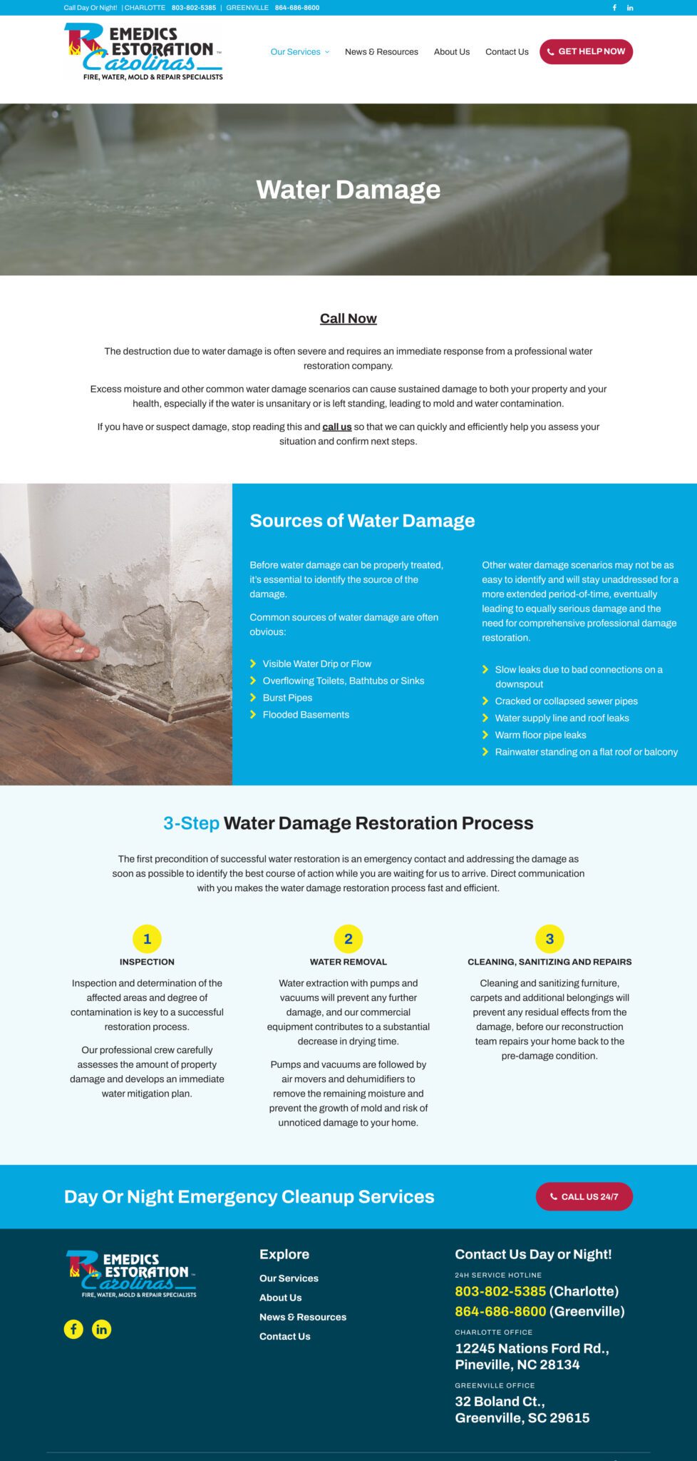 Remedics Restoration website water damage page screenshot