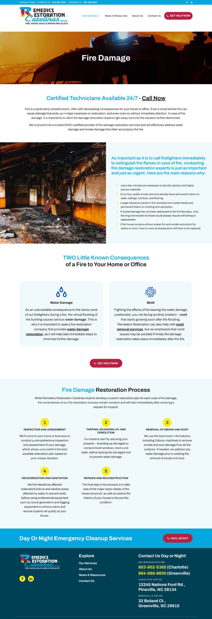 Remedics Restoration website fire damage page screenshot