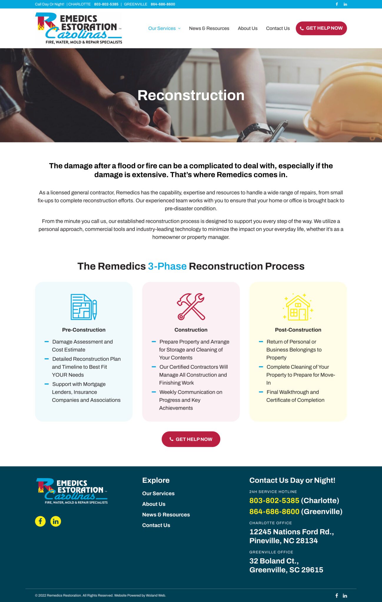 Remedics Restoration website reconstruction page screenshot