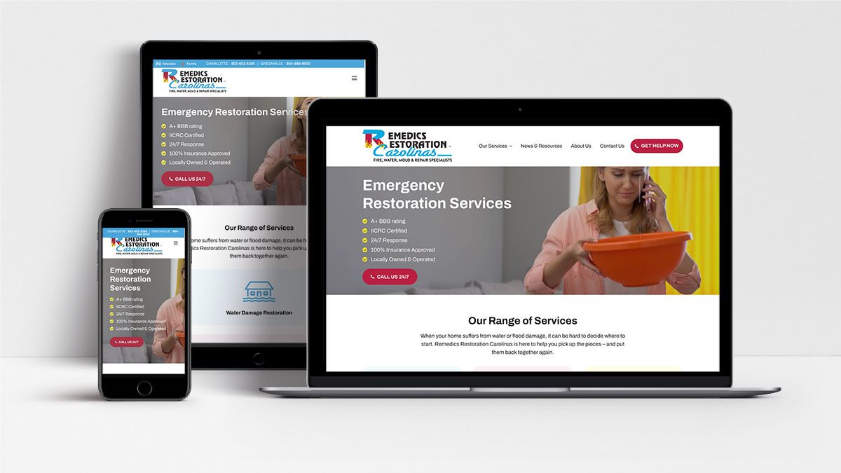 Remedics Restoration website shown on laptop, tablet and mobile phone