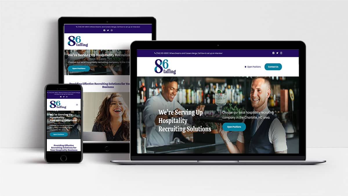 86 staffing website shown on laptop, tablet and mobile phone