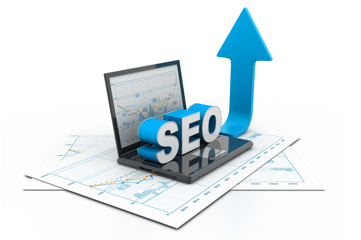 graphic with the word SEO on top of a laptop with a large arrow pointing up