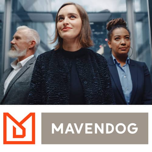 Mavendog logo with three business people above logo