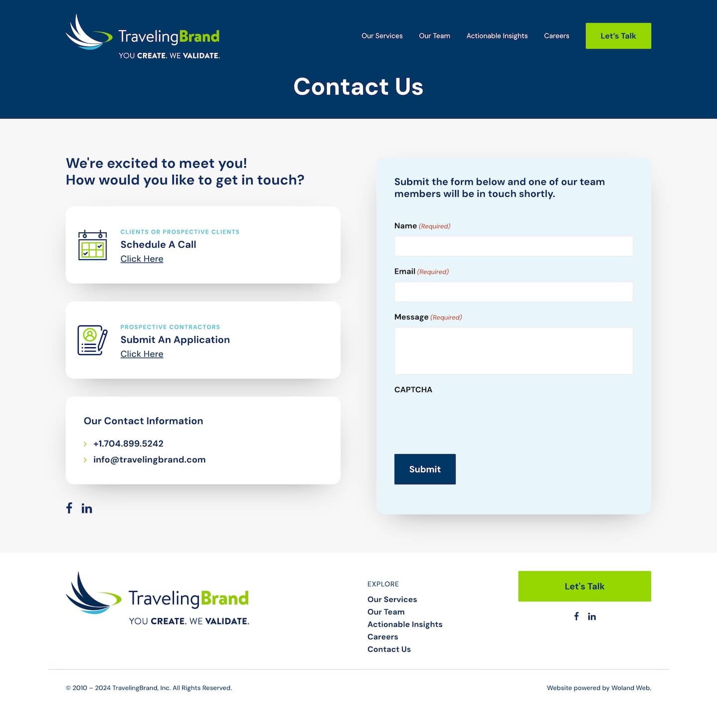 Traveling Brand website contact page