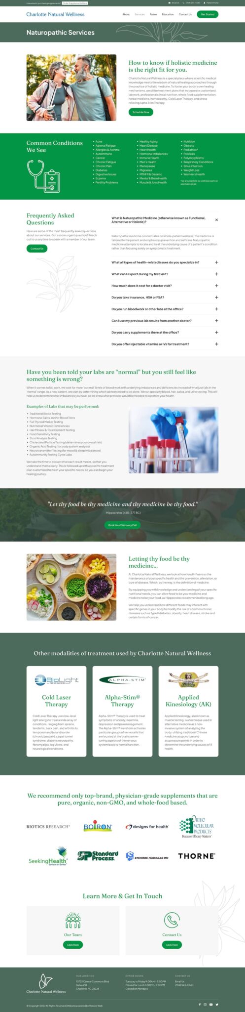 Charlotte Natural Wellness website naturopathic services page