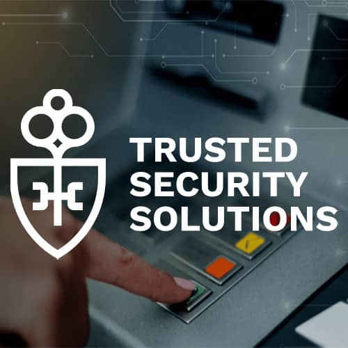 Trusted Security Solutions logo with hand at ATM image in background