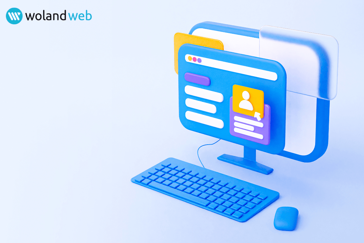 illustration of website shown in layers on a desktop computer with the Woland Web logo