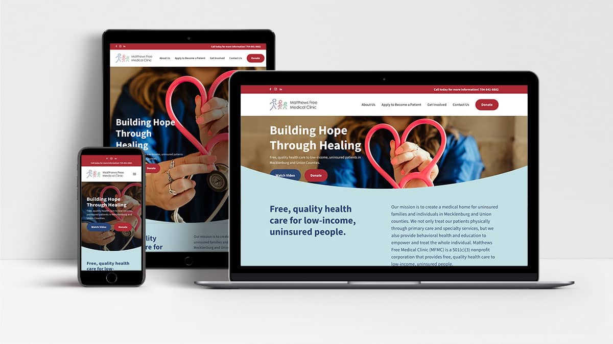 Matthews Free Clinic website shown on laptop, tablet and mobile phone