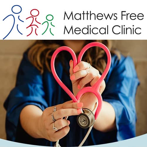 Matthews Free Clinic logo with image of nurse with stethoscope in the shape of a heart