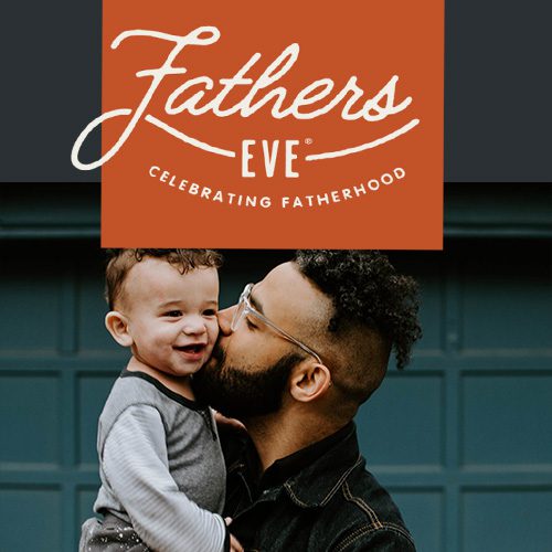 Fathers Eve logo in front of father and toddler