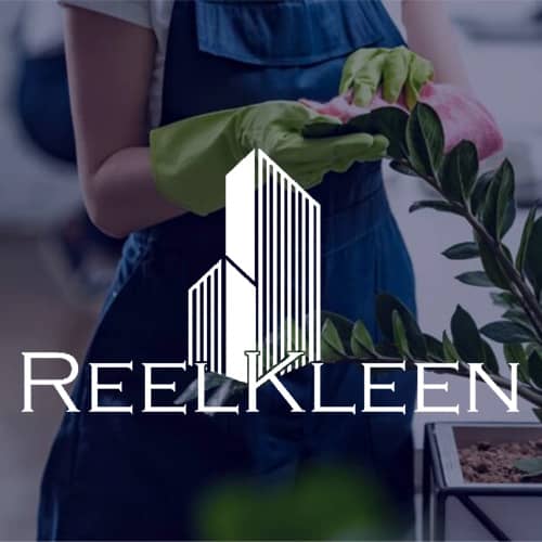 reelkleen logo shown in front of worker cleaning a plant