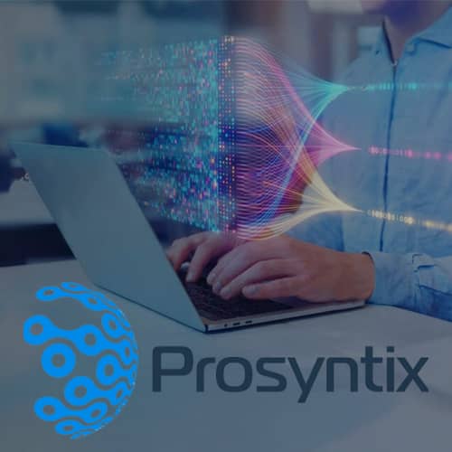 Prosyntix logo over man in button down shirt typing on keyboard