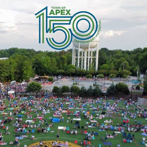 Town of Apex 150th anniversary logo shown over a town event